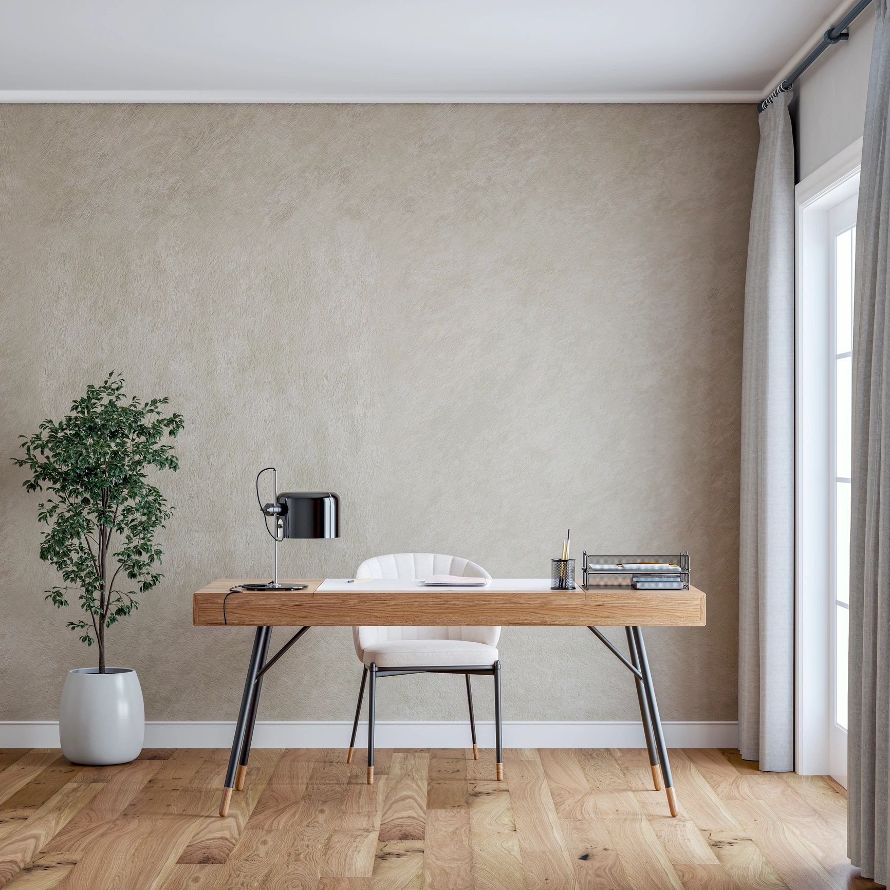 Modern minimalist office workspace with desk and no people