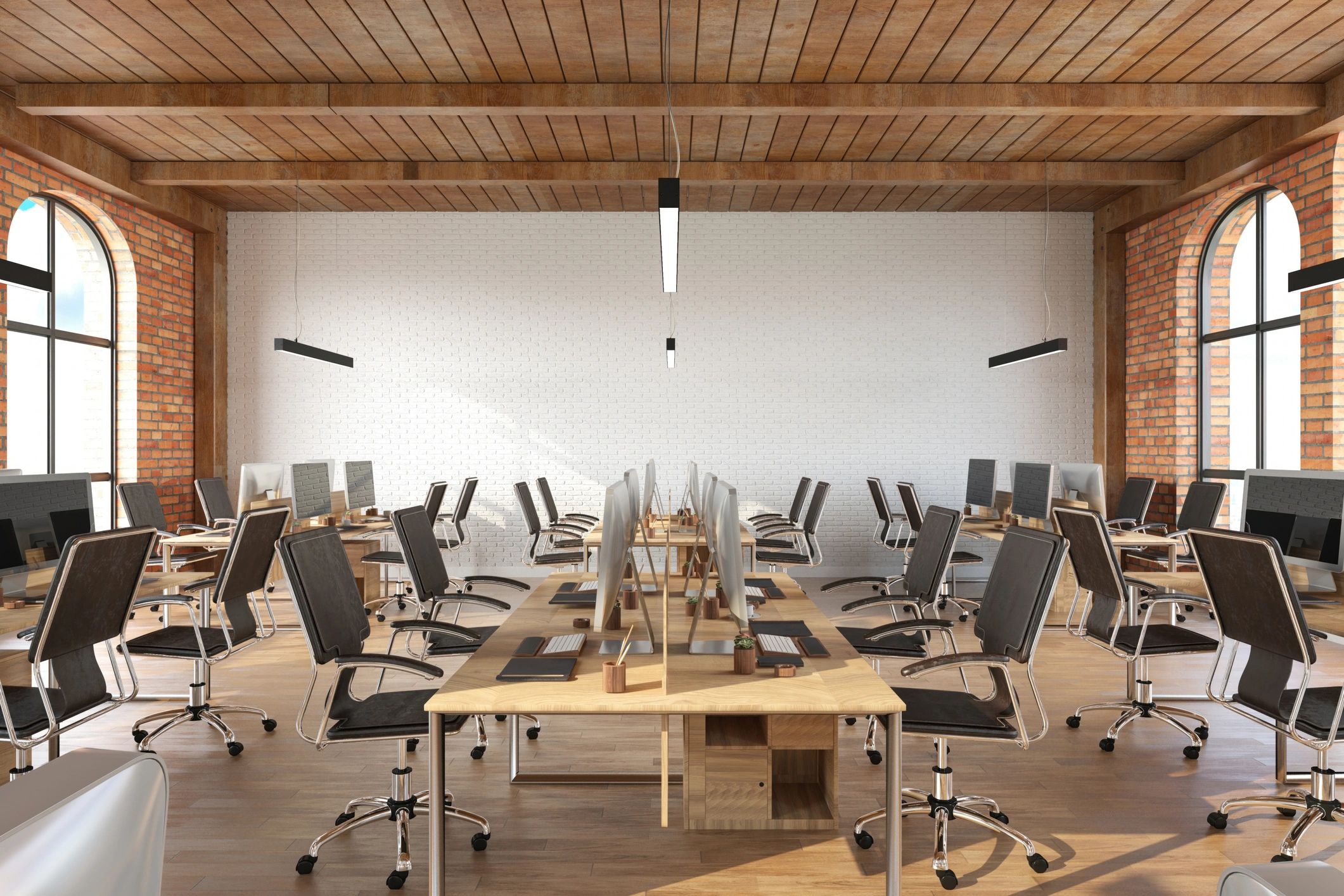 Modern open plan office interior with desks and no people